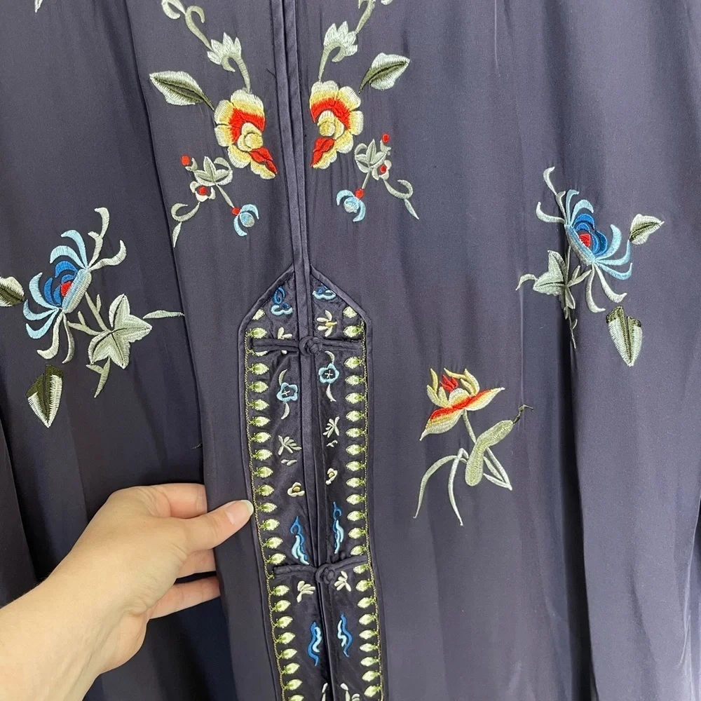 Soft Surroundings silk and embroidered kimono robe plum and tea | L - Picture 7 of 14